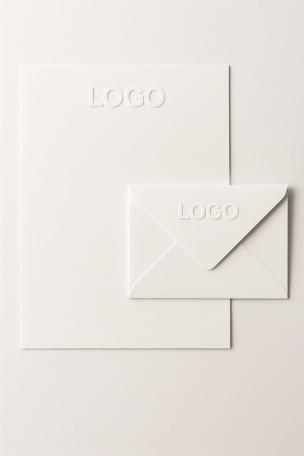Weißes Premium-Briefpapier-Set mit geprägtem Logo und passendem Umschlag – professionelle Firmenpapeterie.