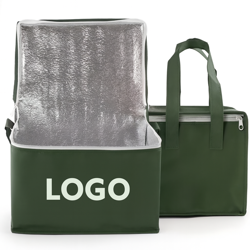 Isolierte grüne Kühltasche mit silberner Innenfolie und großem Logo – daneben eine geschlossene Tasche für Firmenbranding.