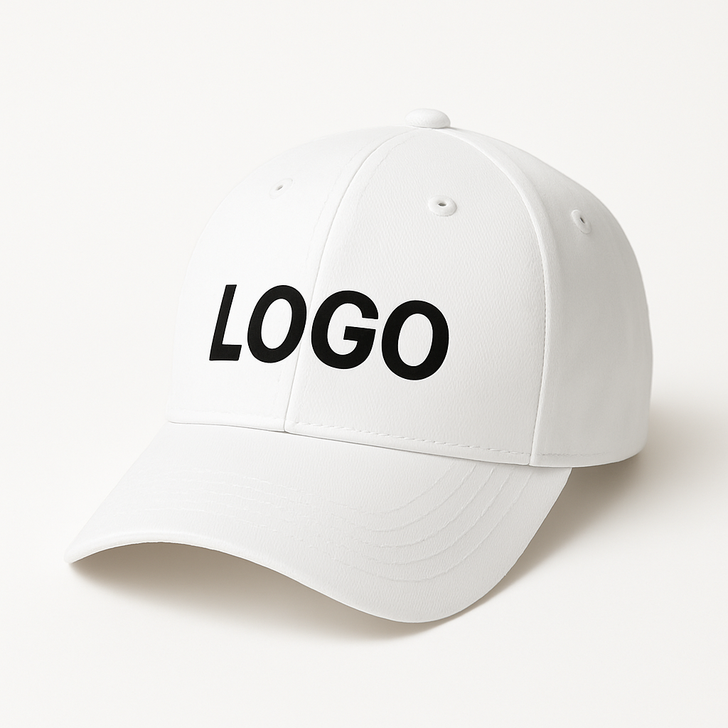 Weiße Cap mit personalisiertem Logo-Druck für Events und Merch.