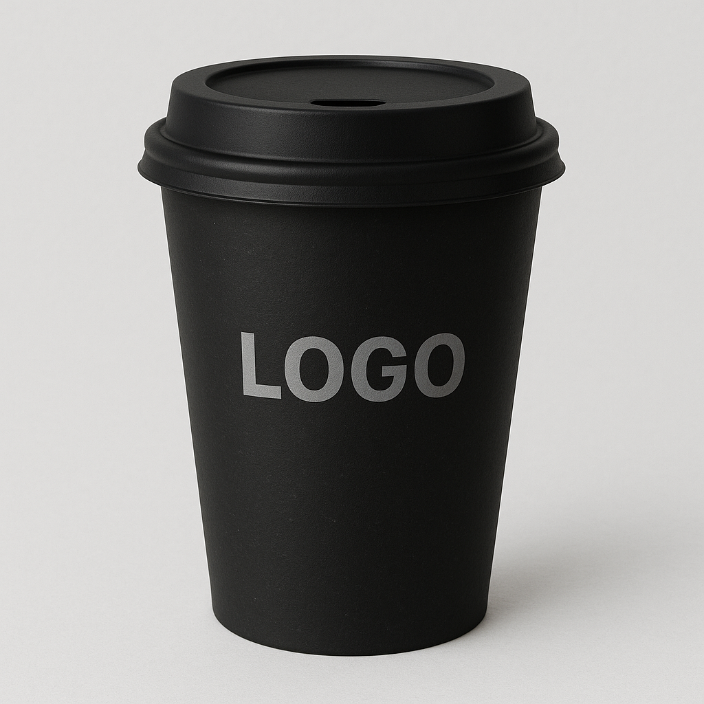 Schwarzer Kaffeebecher mit Custom-Logo – ideal für Bars, Cafés und Marken.