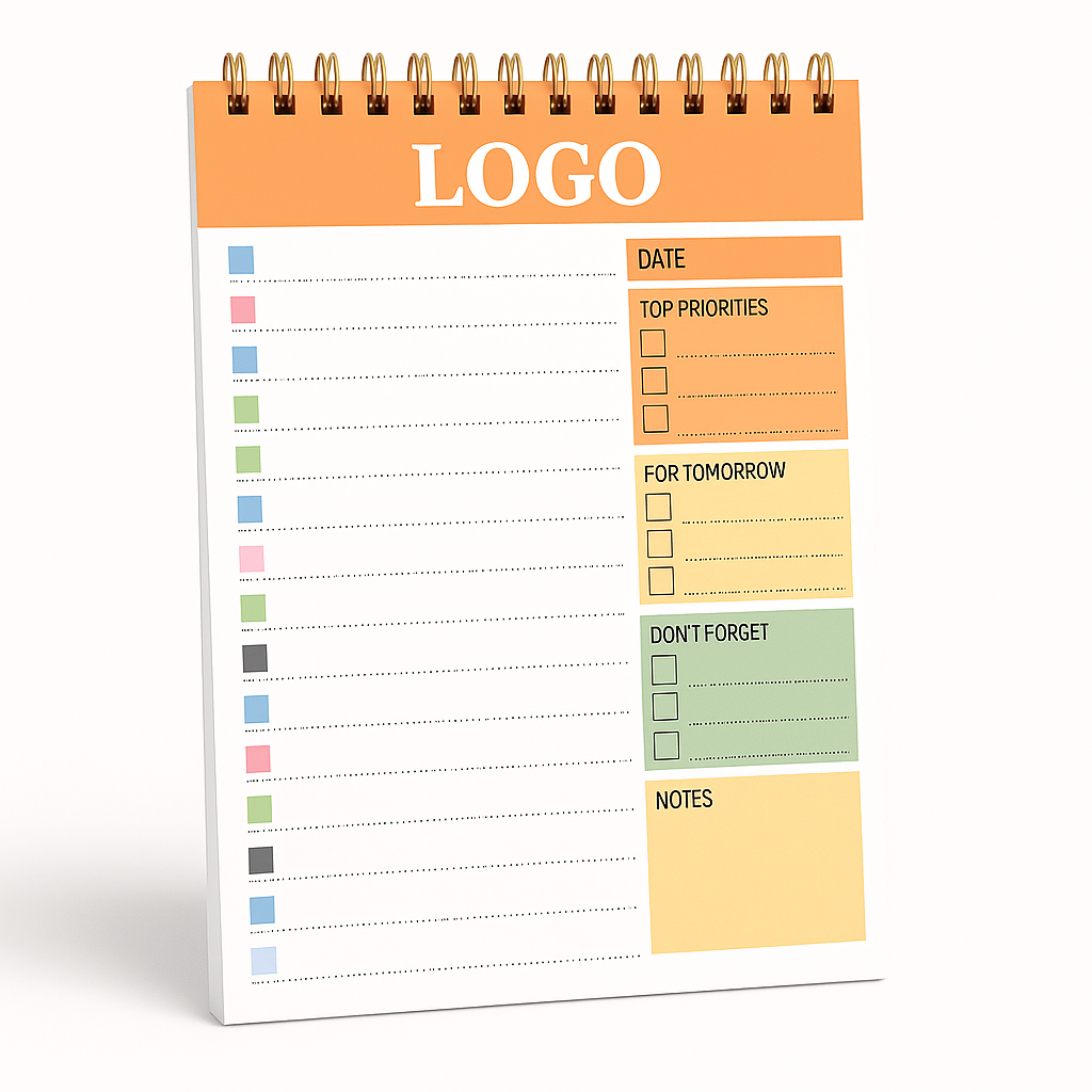 Orangefarbener Tagesplaner mit individuellem Logo – übersichtlicher To-Do-Organizer als hochwertiger Werbeartikel.