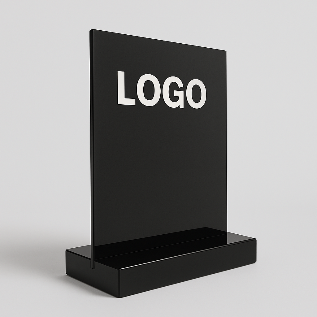 Schwarzer Aufsteller – moderner Displayständer für Tische, Theken und Werbezwecke.