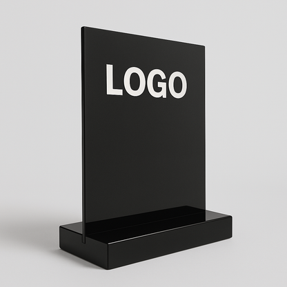Schwarzer Aufsteller – moderner Displayständer für Tische, Theken und Werbezwecke.