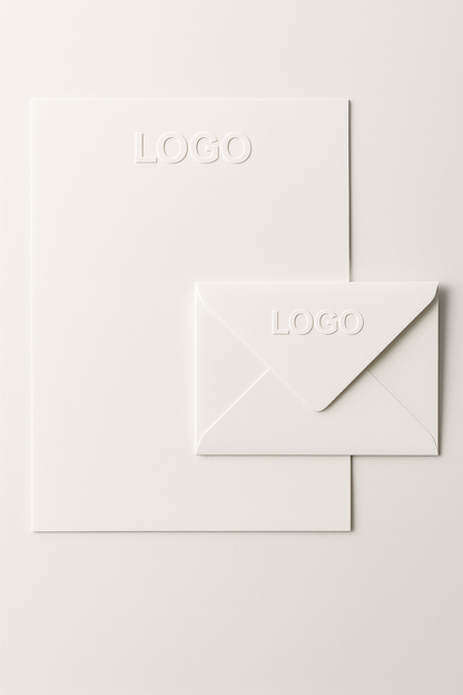 Weißes Premium-Briefpapier-Set mit geprägtem Logo und passendem Umschlag – professionelle Firmenpapeterie.