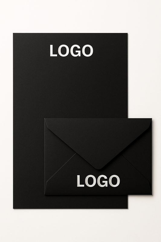 Schwarzes Briefpapier-Set mit Logo und passendem Umschlag – elegante Geschäftsausstattung für Firmenbranding.