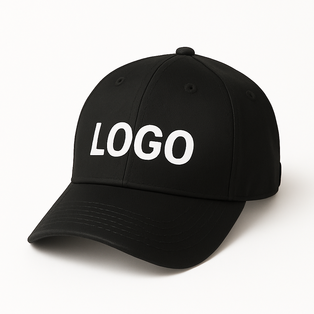 Schwarze Basecap mit individueller Logo-Stickerei – perfekt für Firmen und Marken.