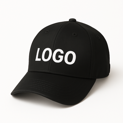 Schwarze Basecap mit individueller Logo-Stickerei – perfekt für Firmen und Marken.