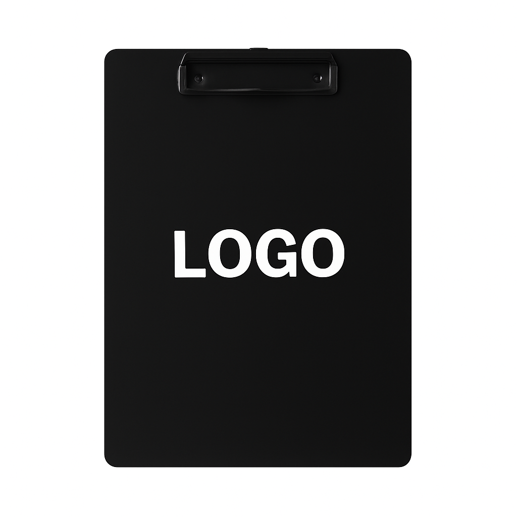 Schwarzes personalisiertes Klemmbrett aus PP-Material und Metallklemme – ideales Werbegeschenk für Firmen und Events.