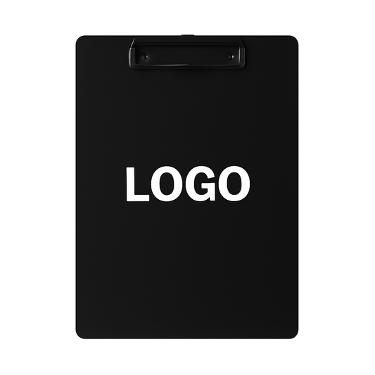 Schwarzes personalisiertes Klemmbrett aus PP-Material und Metallklemme – ideales Werbegeschenk für Firmen und Events.