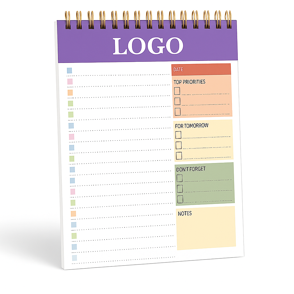 Lila personalisierbarer Tagesplaner mit Logo – strukturierter Daily Organizer mit Spiralbindung für Unternehmen.
