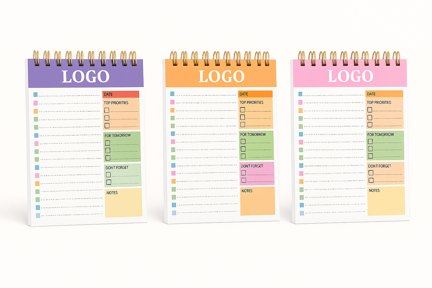 Dreiteiliges Set personalisierbarer Tagesplaner in Lila, Orange und Pink – perfekte Werbeartikel für Büro, Events und Corporate Branding.