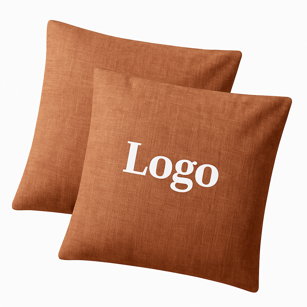 Dekokissen mit strukturierter Stoffoberfläche, vorderes Kissen mit individuellem Logo-Aufdruck – ideal für Firmen-Branding.