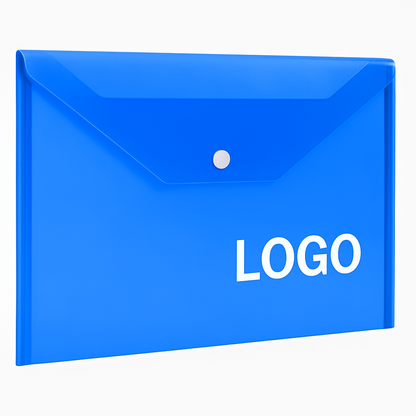 Blaue A4 Dokumententasche aus Kunststoff mit individuellem Logo und Druckknopf.