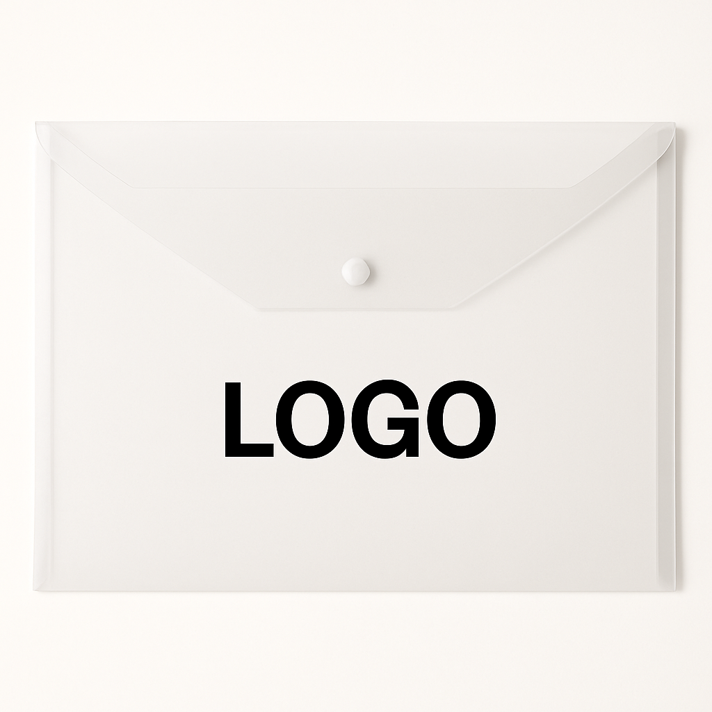 Weiße A4 Dokumententasche aus Kunststoff mit Druckknopf und individuellem Logo.