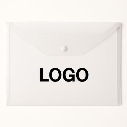 Weiße A4 Dokumententasche aus Kunststoff mit Druckknopf und individuellem Logo.