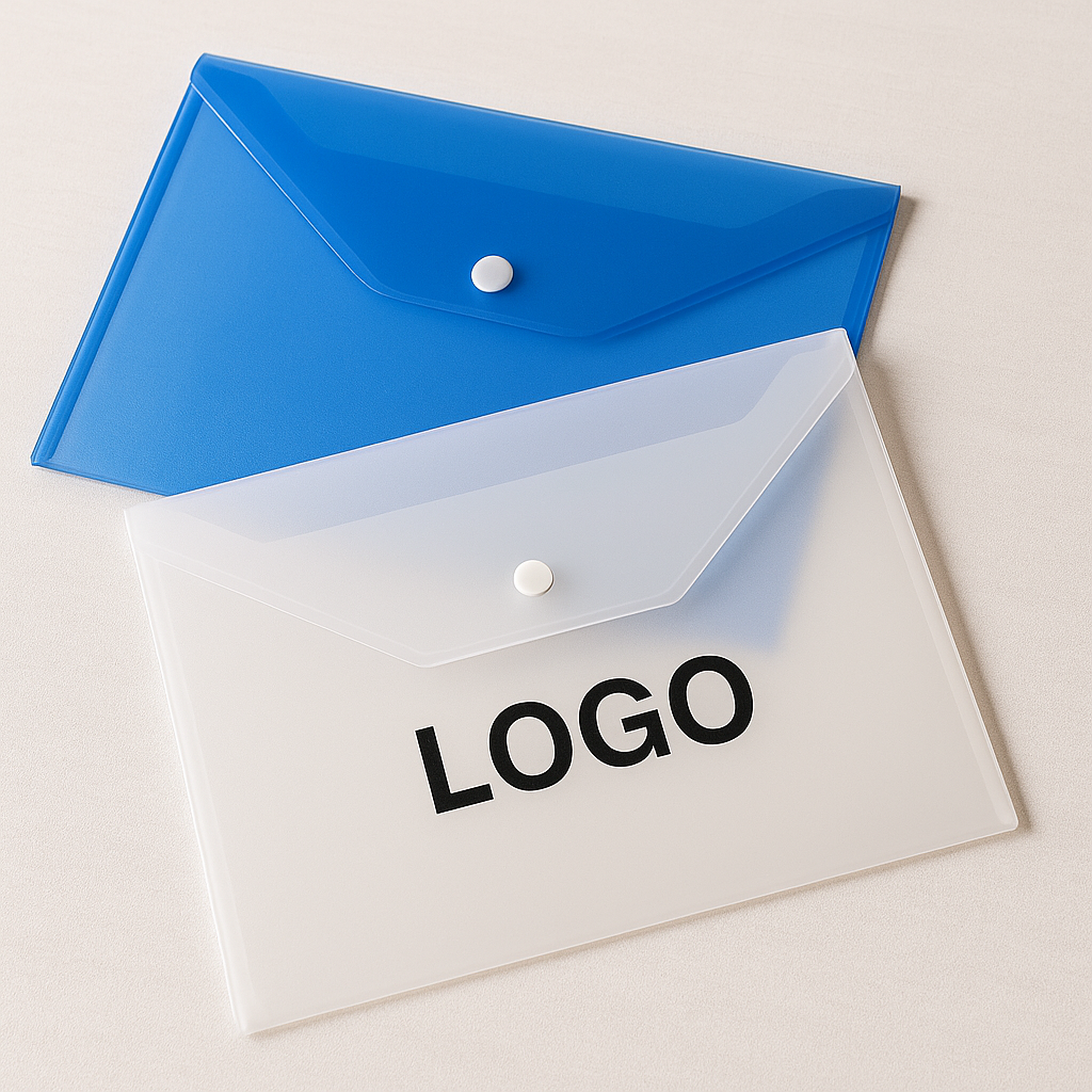 Set aus blauer und weißer A4 Dokumententasche mit Logo und Druckknopf-Verschluss.