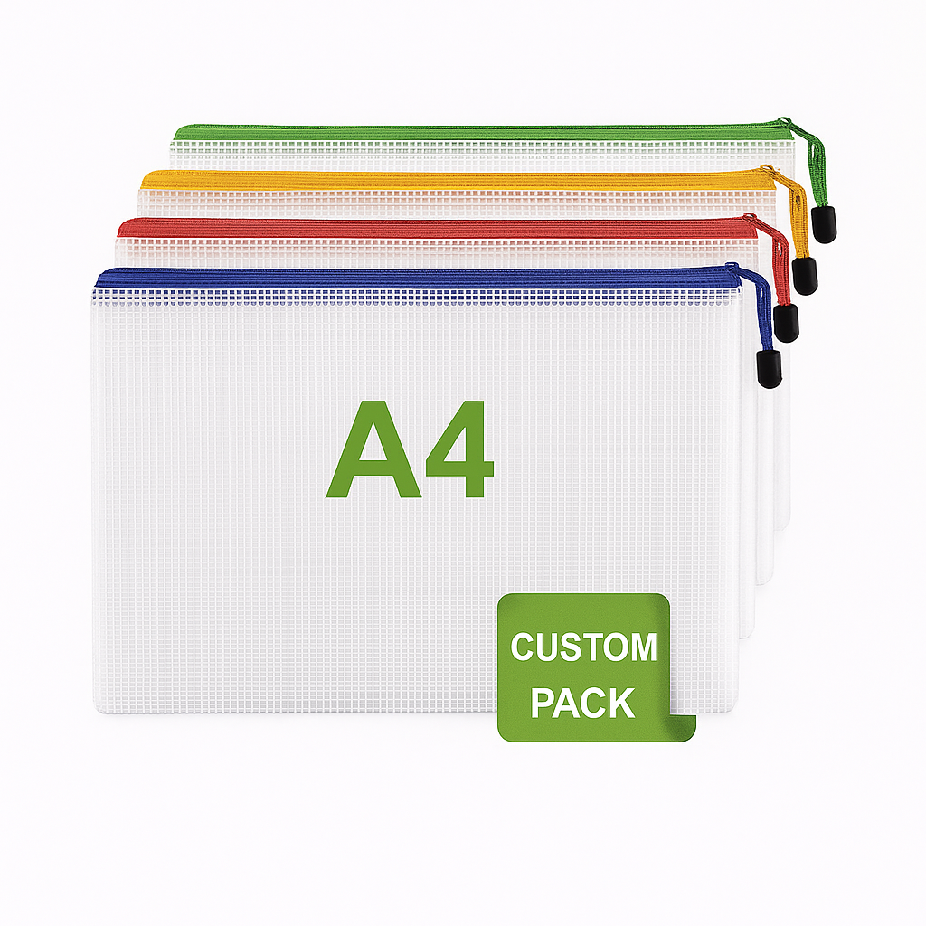 A4 Dokumententaschen Set mit farbigen Reißverschlüssen im Custom Pack – robuste transparente ZIP-Pouches für Schule, Büro und Firmenbranding.