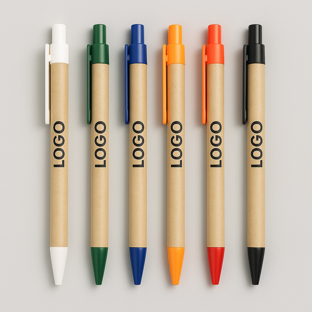 holzfarbene Eco-Kugelschreiber mit bunten Clip- und Spitzenfarben in schräger Seitenansicht, ideal für personalisierte Werbeartikel mit individuellem Logo.