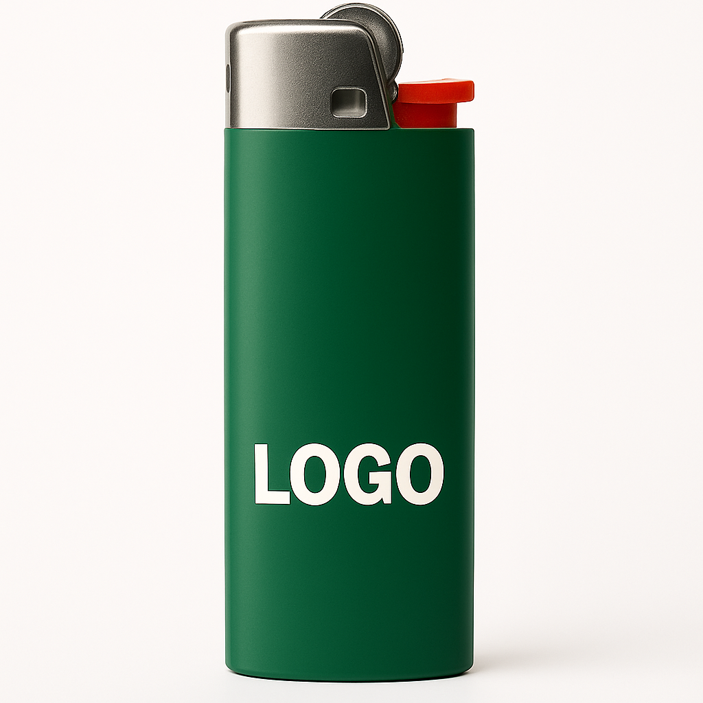 gruenes Feuerzeug mit Firmenlogo, ideal als Werbegeschenk und Marketingartikel.