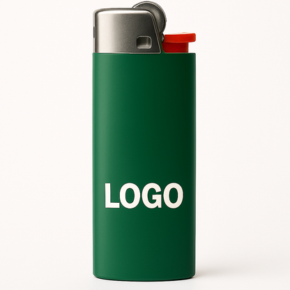 gruenes Feuerzeug mit Firmenlogo, ideal als Werbegeschenk und Marketingartikel.