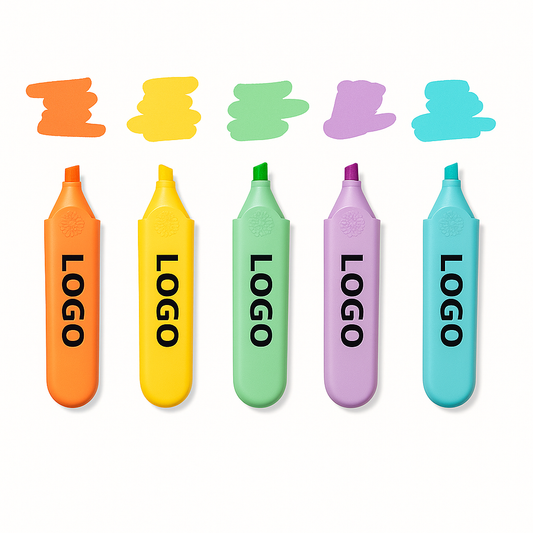 Fünf farbige Textmarker mit individueller Logo-Fläche – personalisierbares Highlighter-Set für Firmen und Werbeaktionen.