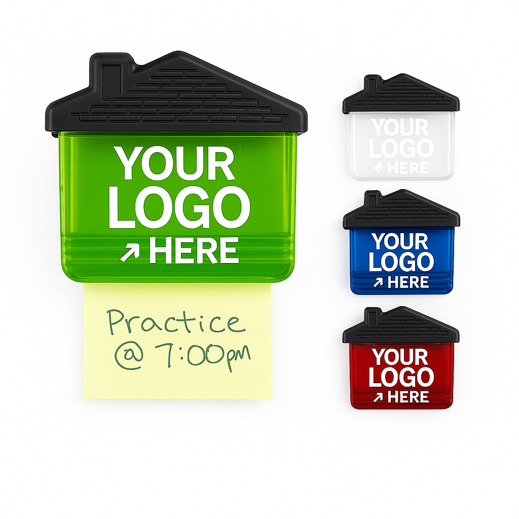Hausförmige Magnet-Clips in mehreren Farben mit Logo – Werbeartikel für Immobilienmakler und Unternehmen.