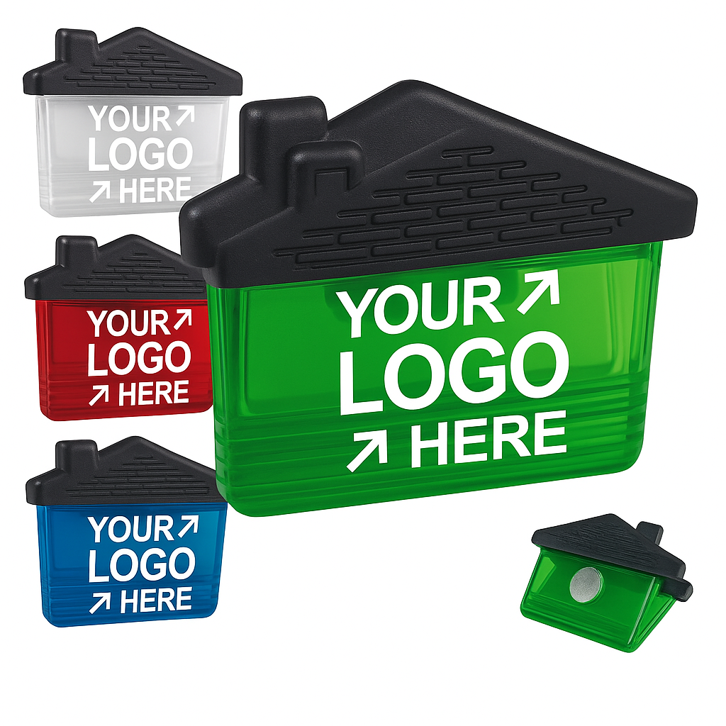 Magnetischer Haus-Clip mit Logo– ideal für Immobilienwerbung und Büroorganisation.