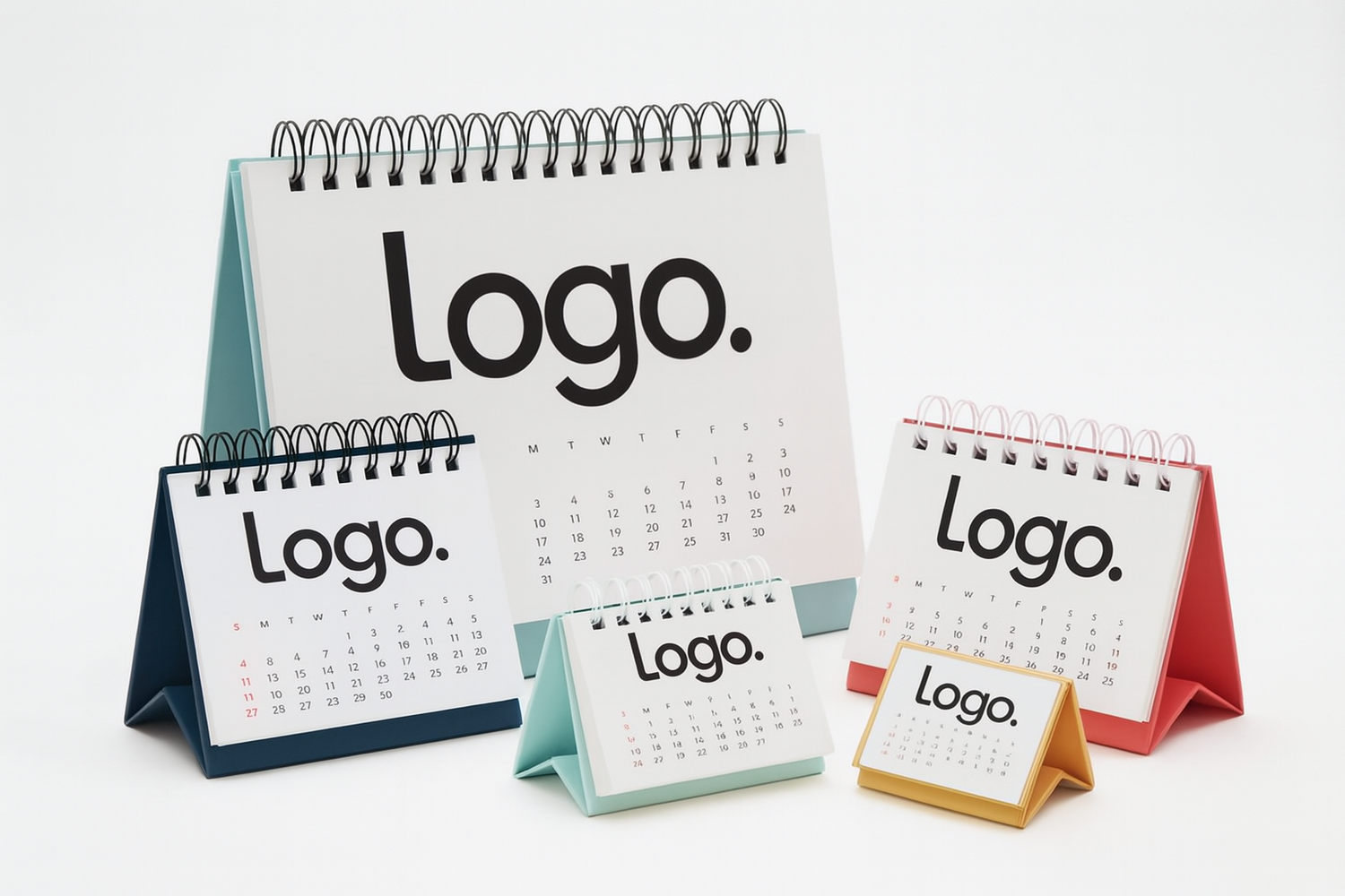 Mehrere personalisierte Tischkalender in verschiedenen Größen mit Firmenlogo – ideal als Werbekalender für Büros.