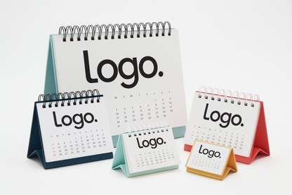 Mehrere personalisierte Tischkalender in verschiedenen Größen mit Firmenlogo – ideal als Werbekalender für Büros.