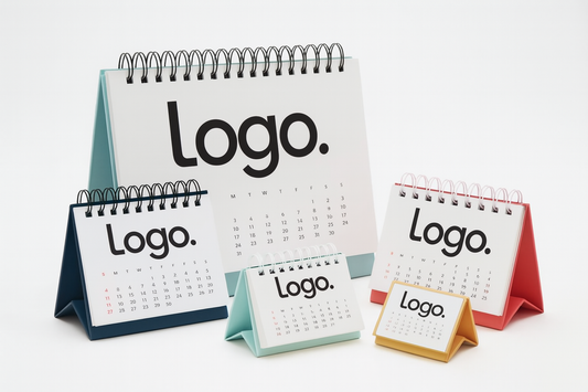 Mehrere personalisierte Tischkalender in verschiedenen Größen mit Firmenlogo – ideal als Werbekalender für Büros.