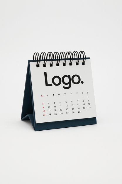 Kleiner Tischkalender mit Spiralbindung und schlichtem Design auf weißer Kalenderseite, aufgestellt auf einem dunkelblauen Kartonständer.