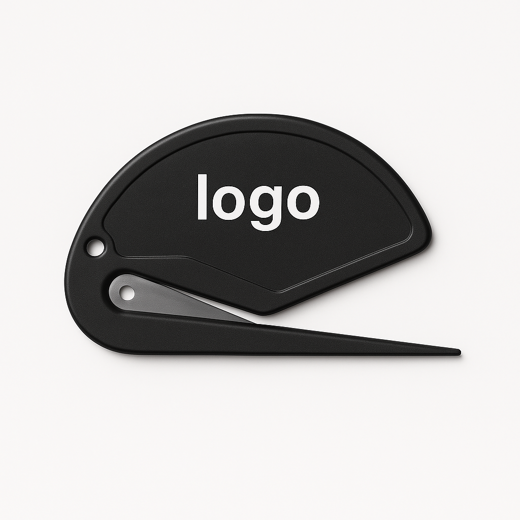Schwarzer Brieföffner mit individuellem Logo – sicherer Cutter für Büro und Versand.
