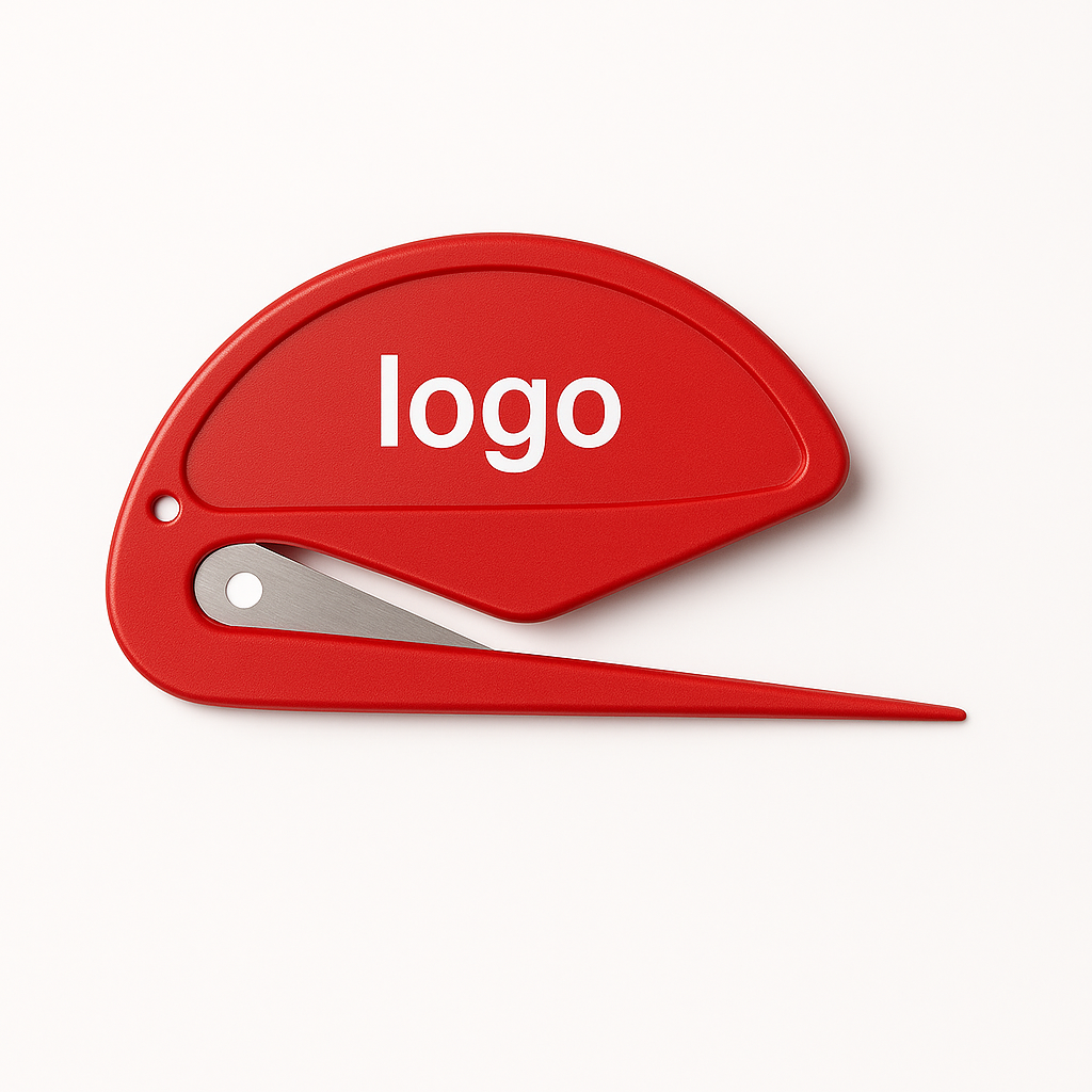 Roter Kunststoff-Brieföffner mit Logo – kompakter Cutter für Dokumente und Umschläge.
