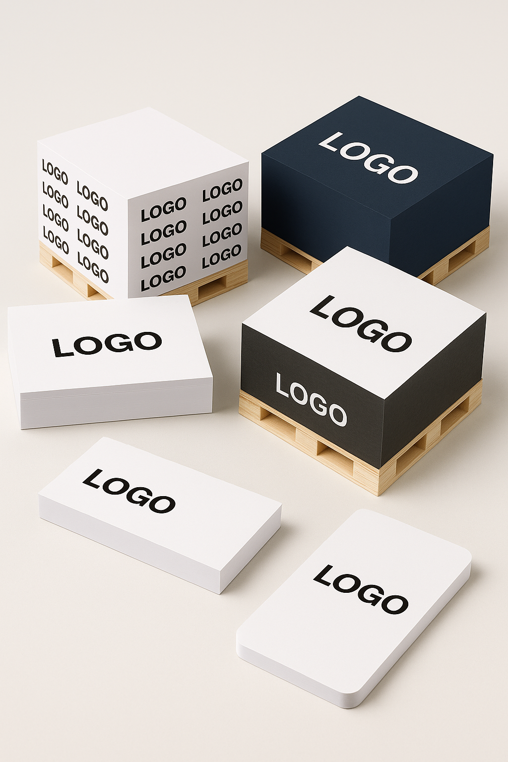 Personalisierte Notizblöcke mit Logo auf Mini-Paletten – weiß und dunkelblau, Premium Memo Pads für Firmenbranding und Werbeartikel.