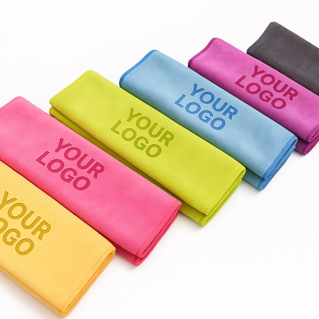 Mehrfarbige Mikrofaser-Tücher mit individuellem Logo-Druck – ideal für Firmenbranding, Reinigung, Fitness und Werbegeschenke.