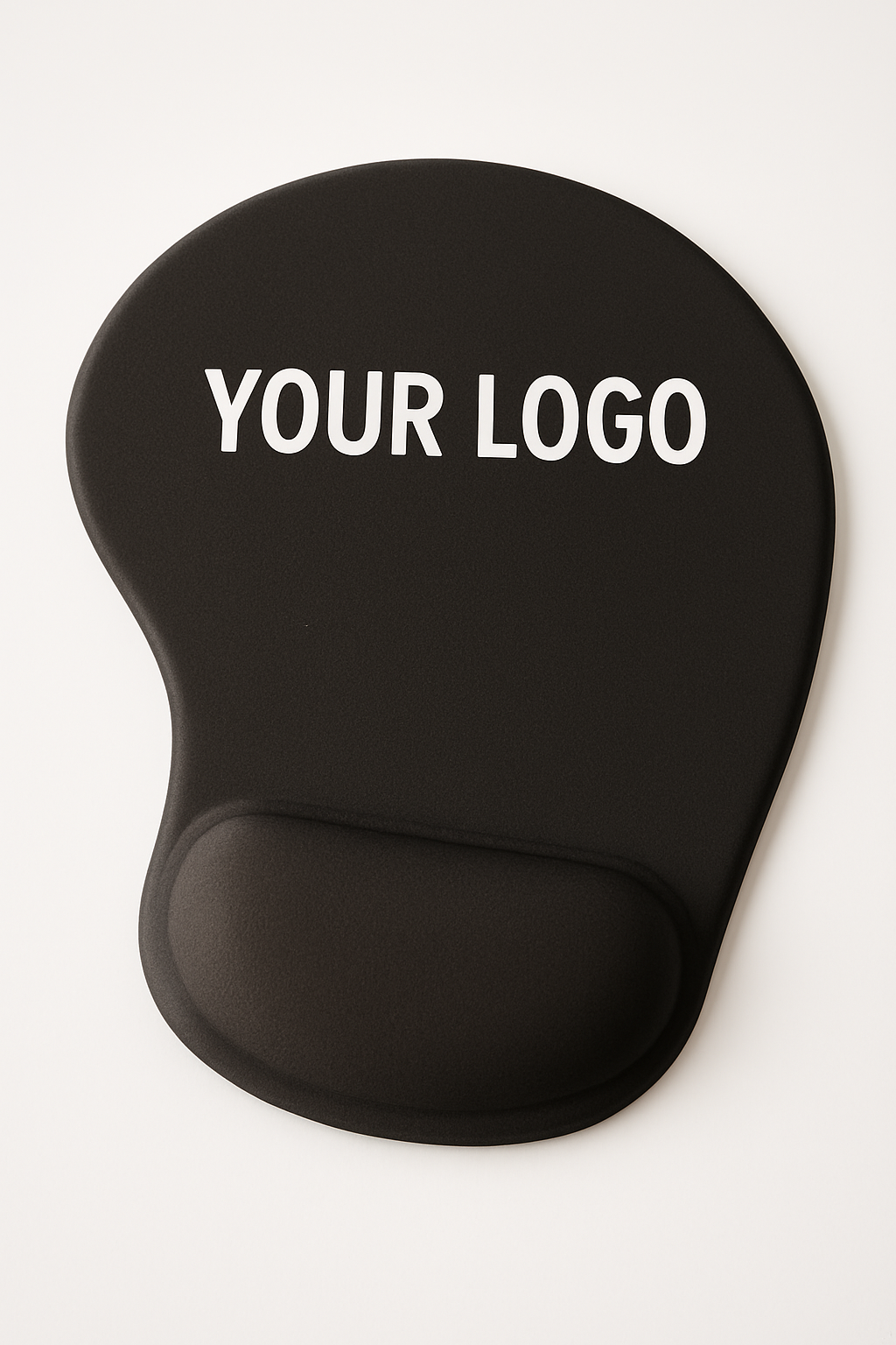 Schwarzes ergonomisches Gel-Mauspad mit Handballenauflage und individuellem Logo – hochwertiger Werbeartikel fürs Büro.