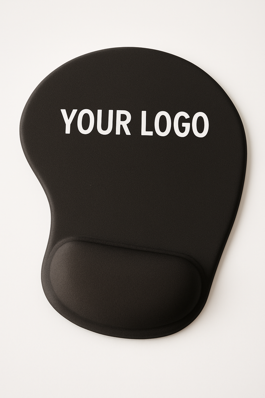 Schwarzes ergonomisches Gel-Mauspad mit Handballenauflage und individuellem Logo – hochwertiger Werbeartikel fürs Büro.