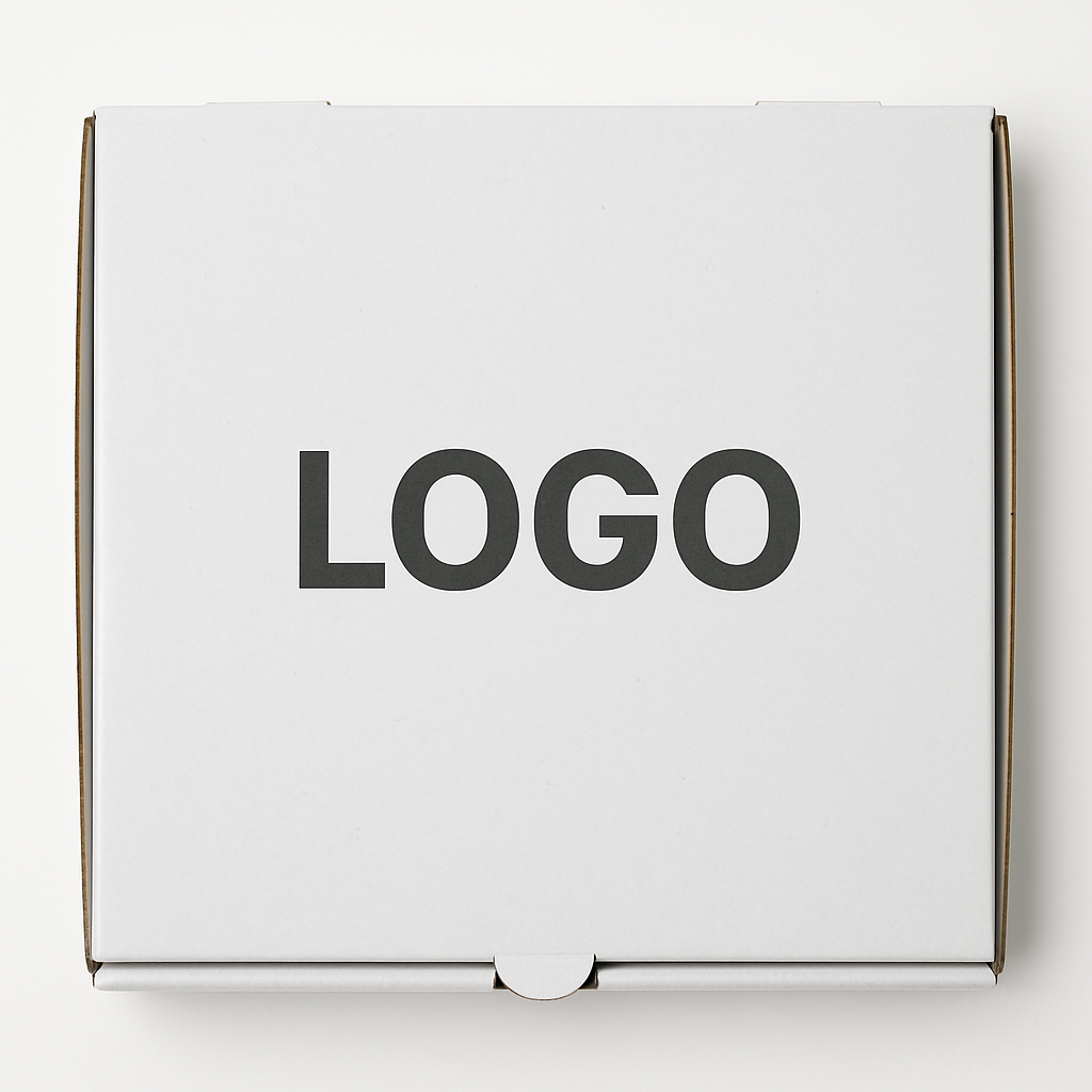 Weiße bedruckte Pizza Box mit eigenem Logo für professionelle Food-Verpackung.