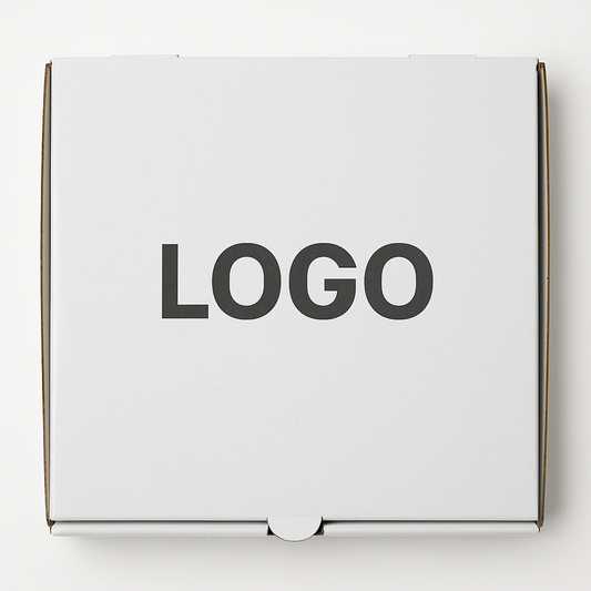 Weiße bedruckte Pizza Box mit eigenem Logo für professionelle Food-Verpackung.