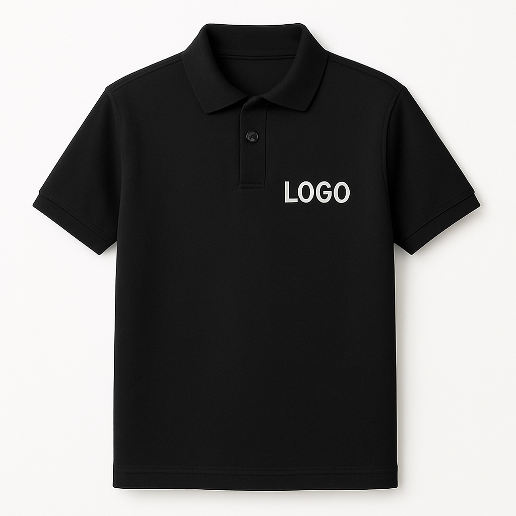 Schwarzes Polo Shirt mit individueller Logo-Stickerei – ideal für Firmenkleidung.