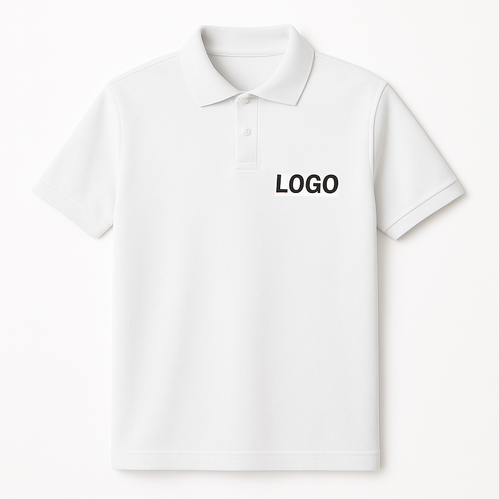 Weißes Polo Shirt mit personalisiertem Firmenbranding.
