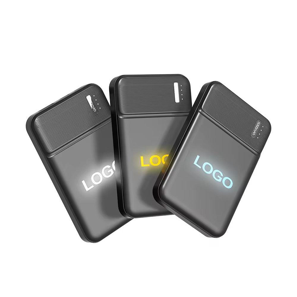 Powerbanks mit LED-Logo in Weiß, Gelb und Blau – moderne personalisierbare Werbe-Powerbanks im hochwertigen Design.