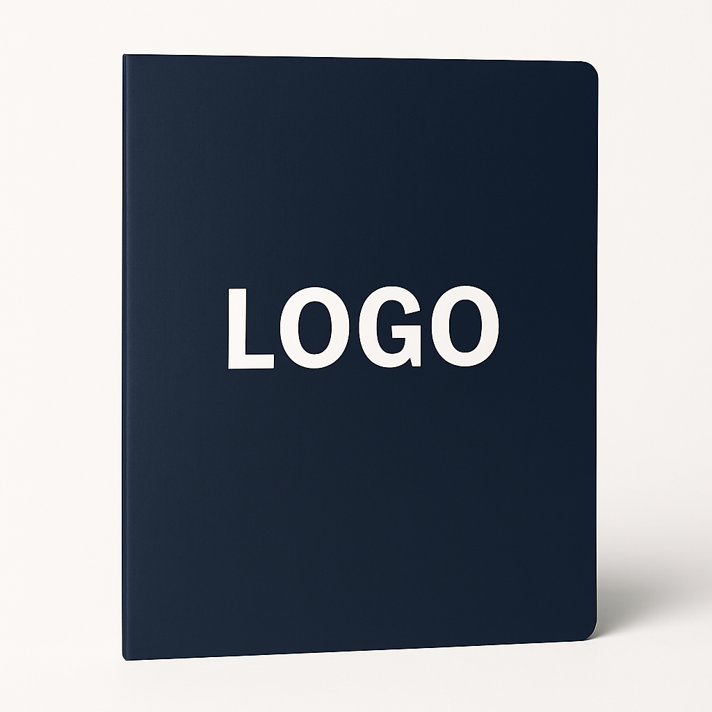 Dunkelblaue A4 Präsentationsmappe mit individuellem Logo – hochwertige Dokumentenmappe für Firmenunterlagen.