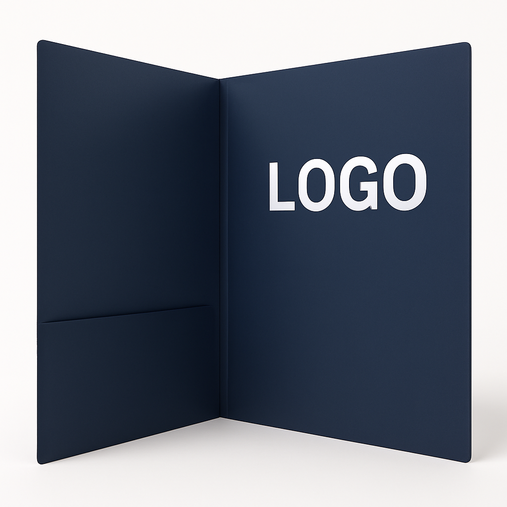 Innenansicht einer A4 Präsentationsmappe in Dunkelblau mit Logodruck – Dokumentenfach für Firmenunterlagen.