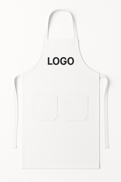 Weiße Kochschuerze mit sauberem Logo-Druck – professionelle Küchenbekleidung.