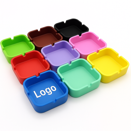 Silikon Aschenbecher Set in mehreren Farben – personalisierbar mit Firmenlogo, ideal für Werbezwecke.