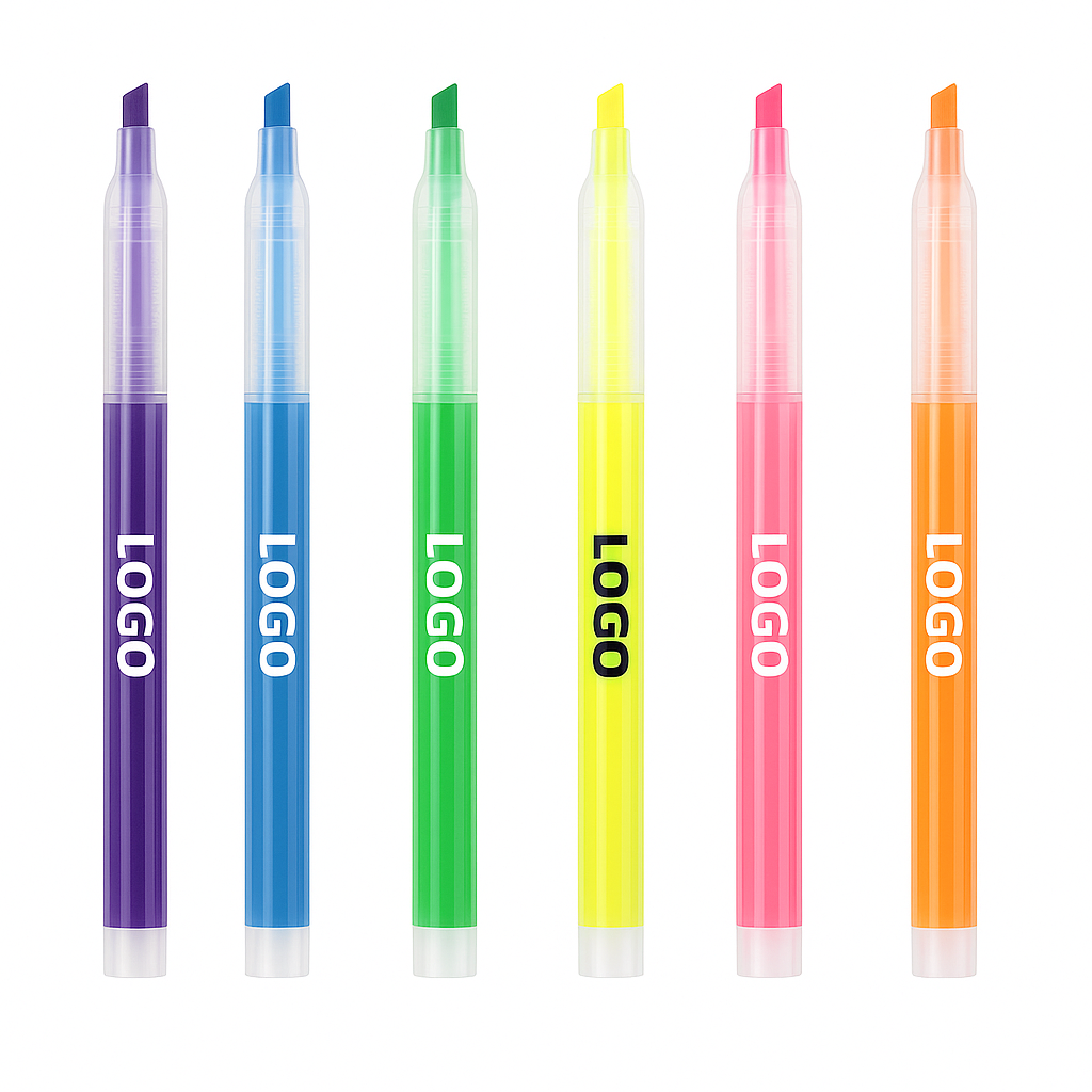 Schlankes 6er Textmarker-Set in bunten Neonfarben mit individuellem Logo – perfekter Werbeartikel für Büro, Schule und Events.