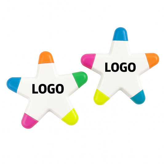 Sternförmiger 5-in-1 Highlighter mit personalisierbarem Logo – bunte Neonfarben für Büro, Schule und Werbeartikel.