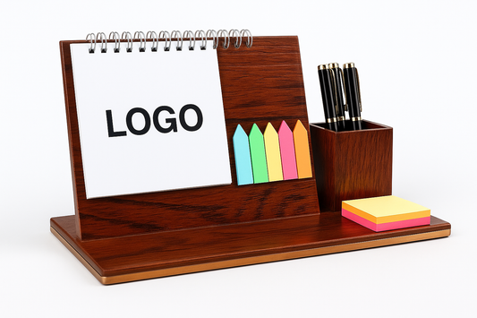 Edler Tisch-Organizer aus Holz mit Kalender, bunten Haftnotizen und Stiftehalter – personalisierbar mit Firmenlogo.