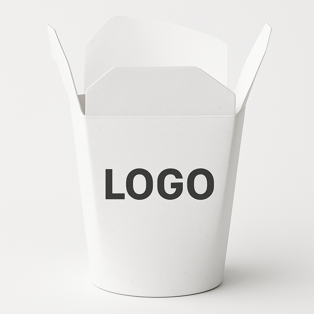 Weiße To-Go-Box mit personalisiertem Branding für professionelles Food-Packaging.